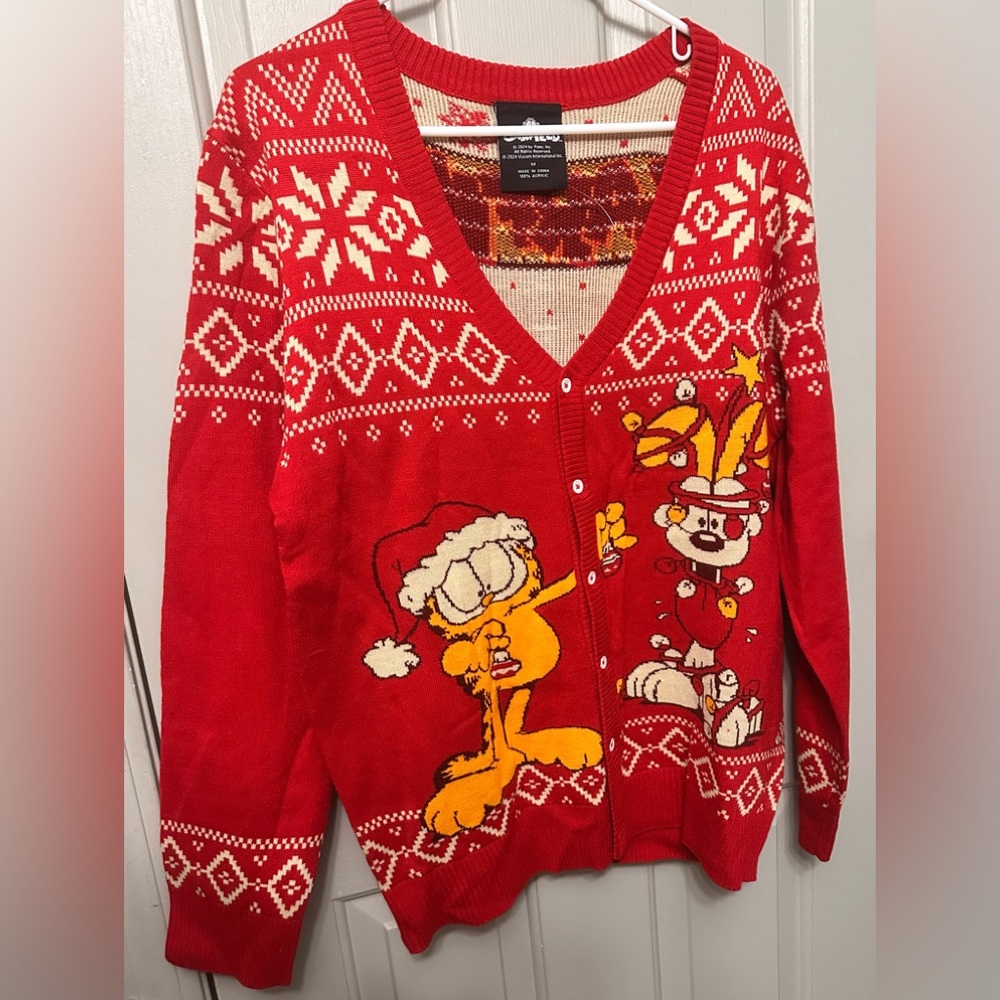 Garfield Men's Odie and Garfield Christmas Ugly Sweater Button-Up Knit Cardigan